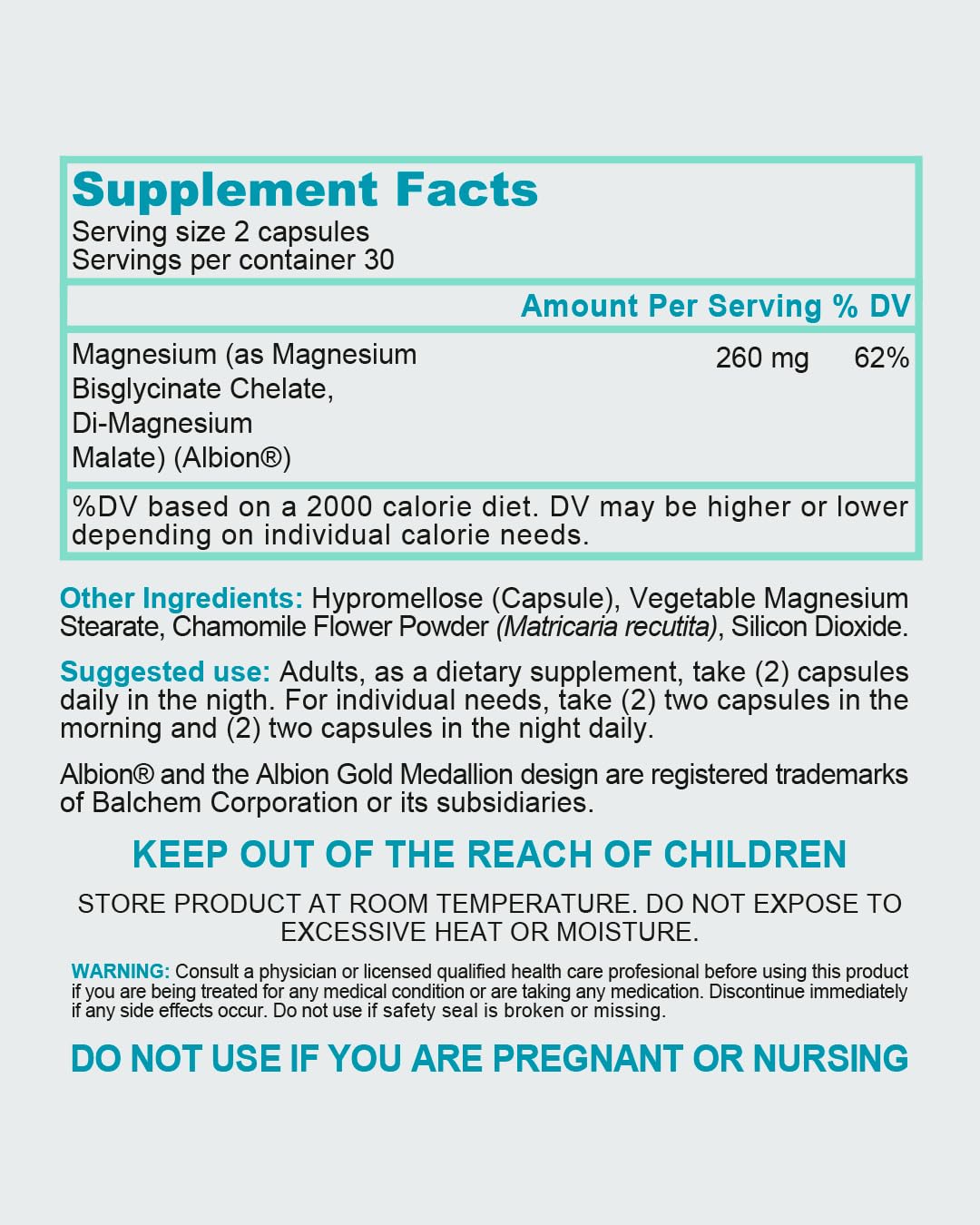 Bionutritional Support Magnésium 260 mg côté avec étiquette