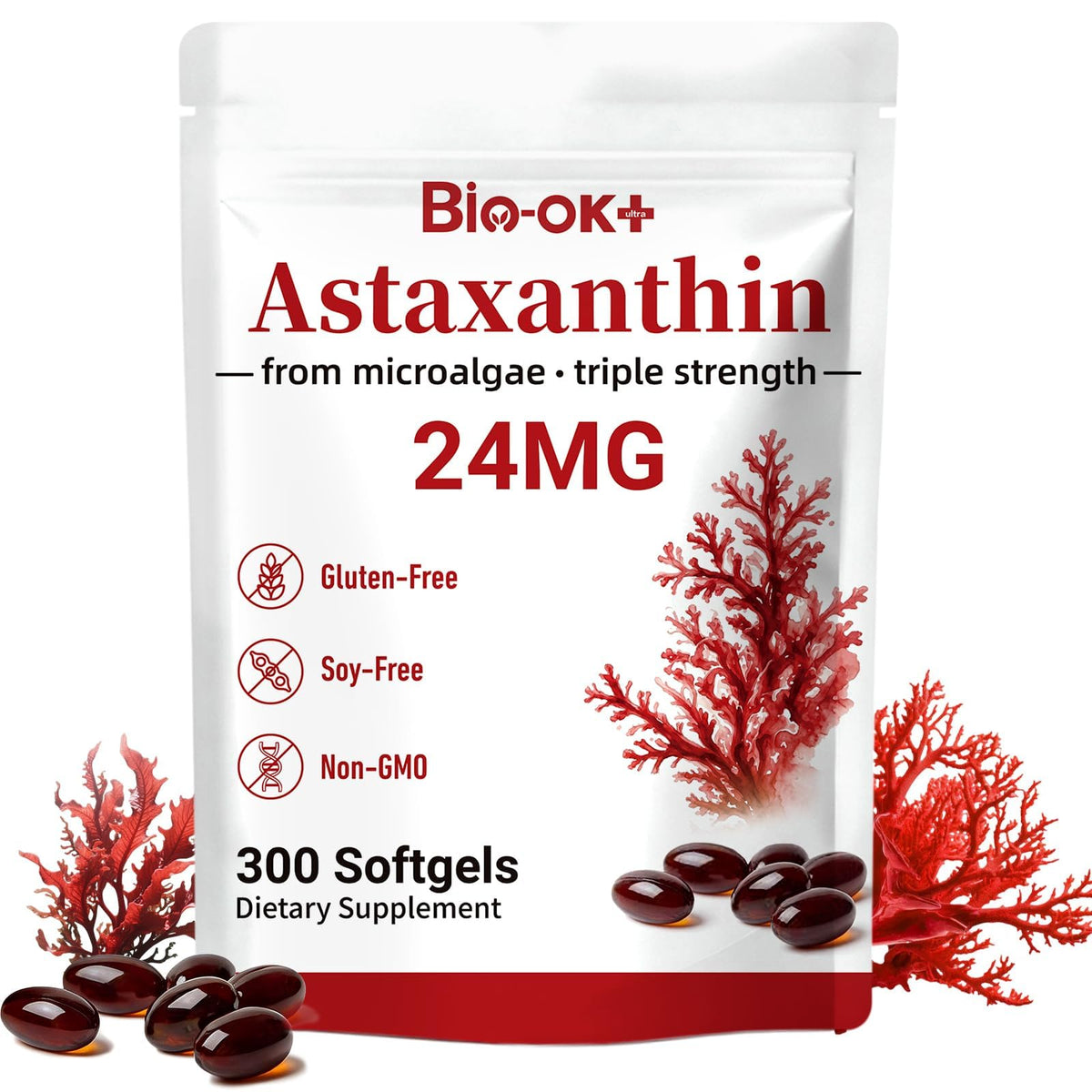 Biookultra Astaxanthin 24mg gélules avec huile MCT, vue de face