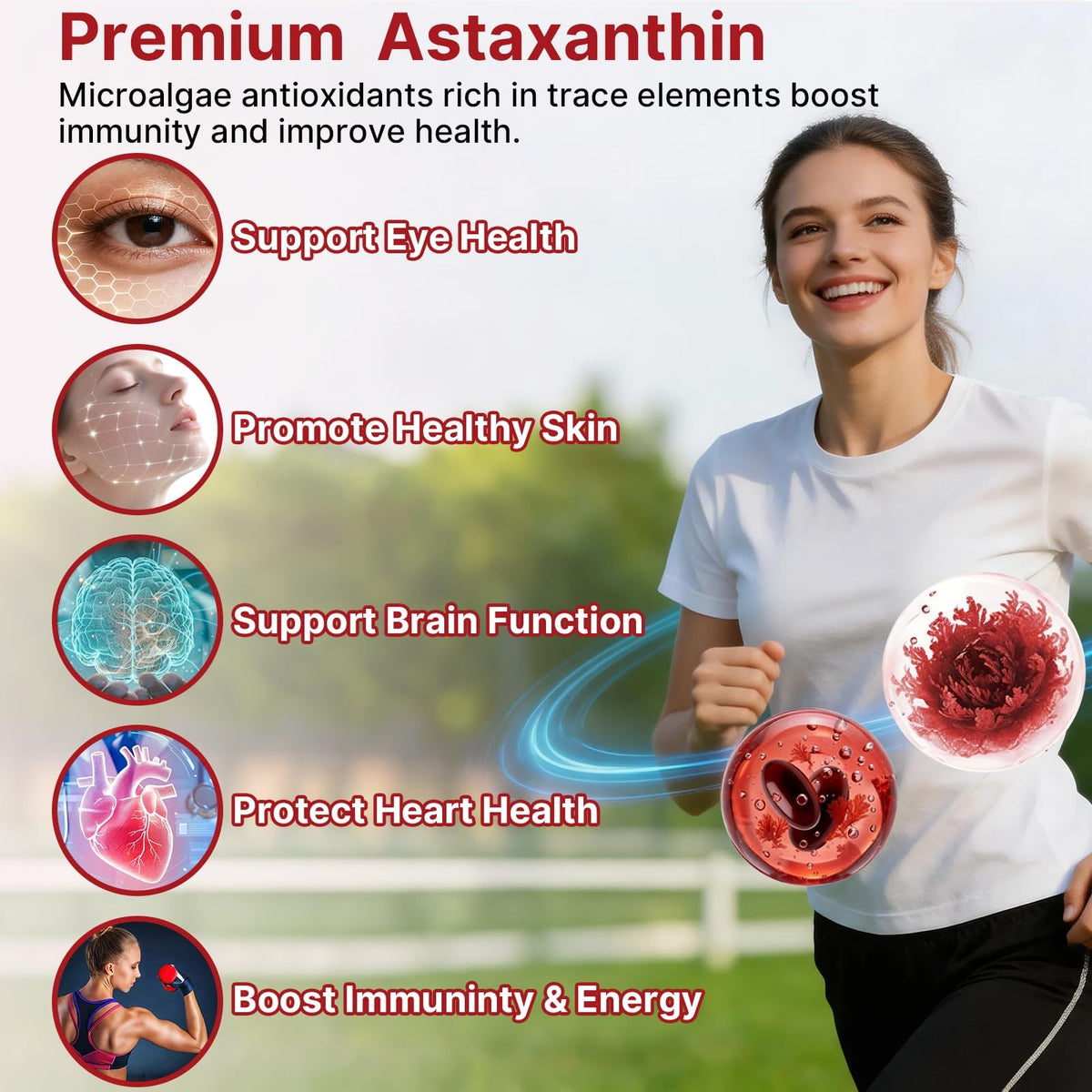 Biookultra Astaxanthin 24mg gélules, mise en scène avec des ingrédients naturels