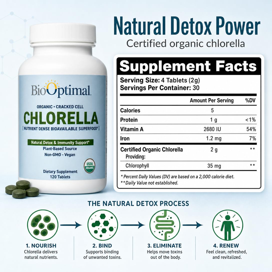 BioOptimal Chlorella Bio 500mg comprimés sur une table