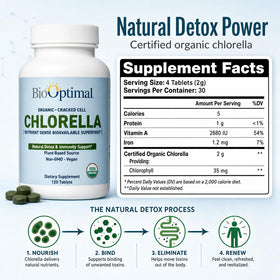 BioOptimal Chlorella Bio 500mg comprimés sur une table