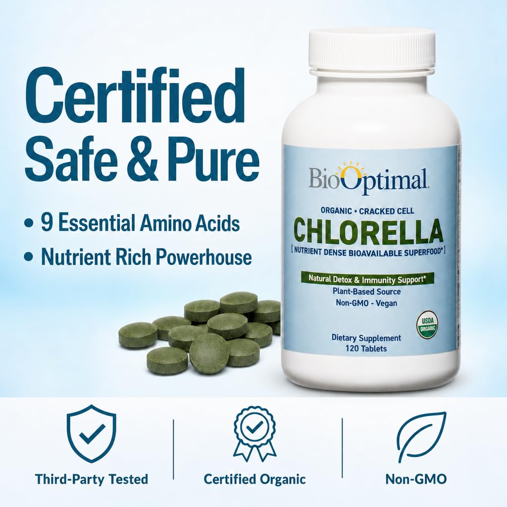 BioOptimal Chlorella Bio 500mg comprimés vue de côté