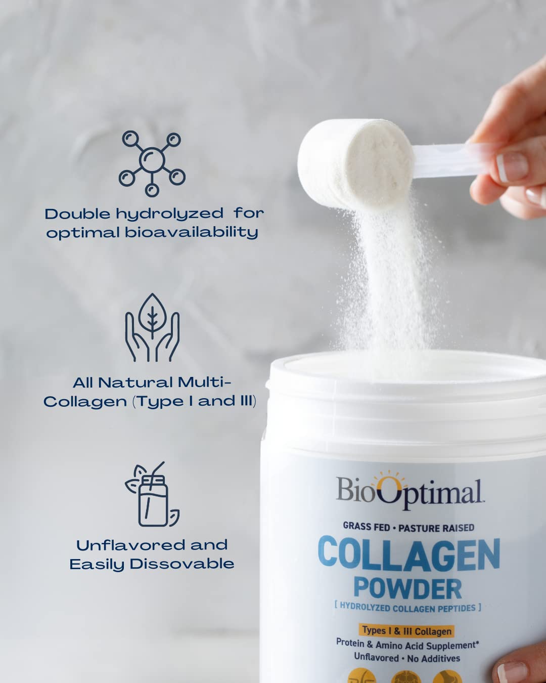 BioOptimal Poudre de Collagène Hydrolysé 572g sur une surface en bois
