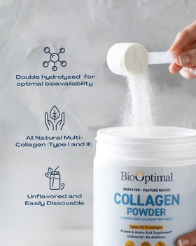 BioOptimal Poudre de Collagène Hydrolysé 572g sur une surface en bois