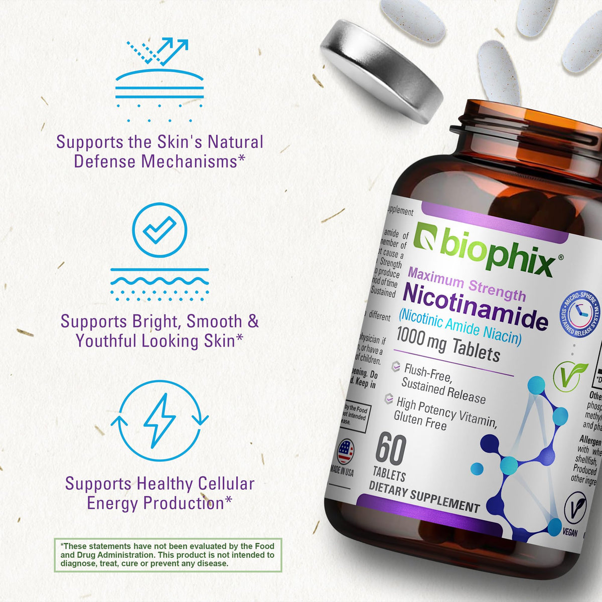 biophix B-3 Nicotinamide 1000 mg avec des légumes frais en arrière-plan