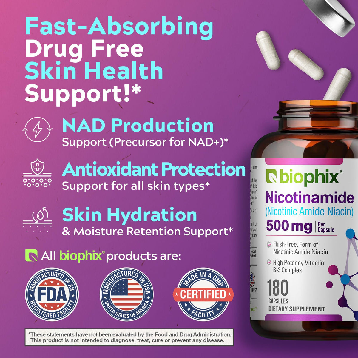 biophix B-3 Nicotinamide 500 mg 180 capsules - packaging