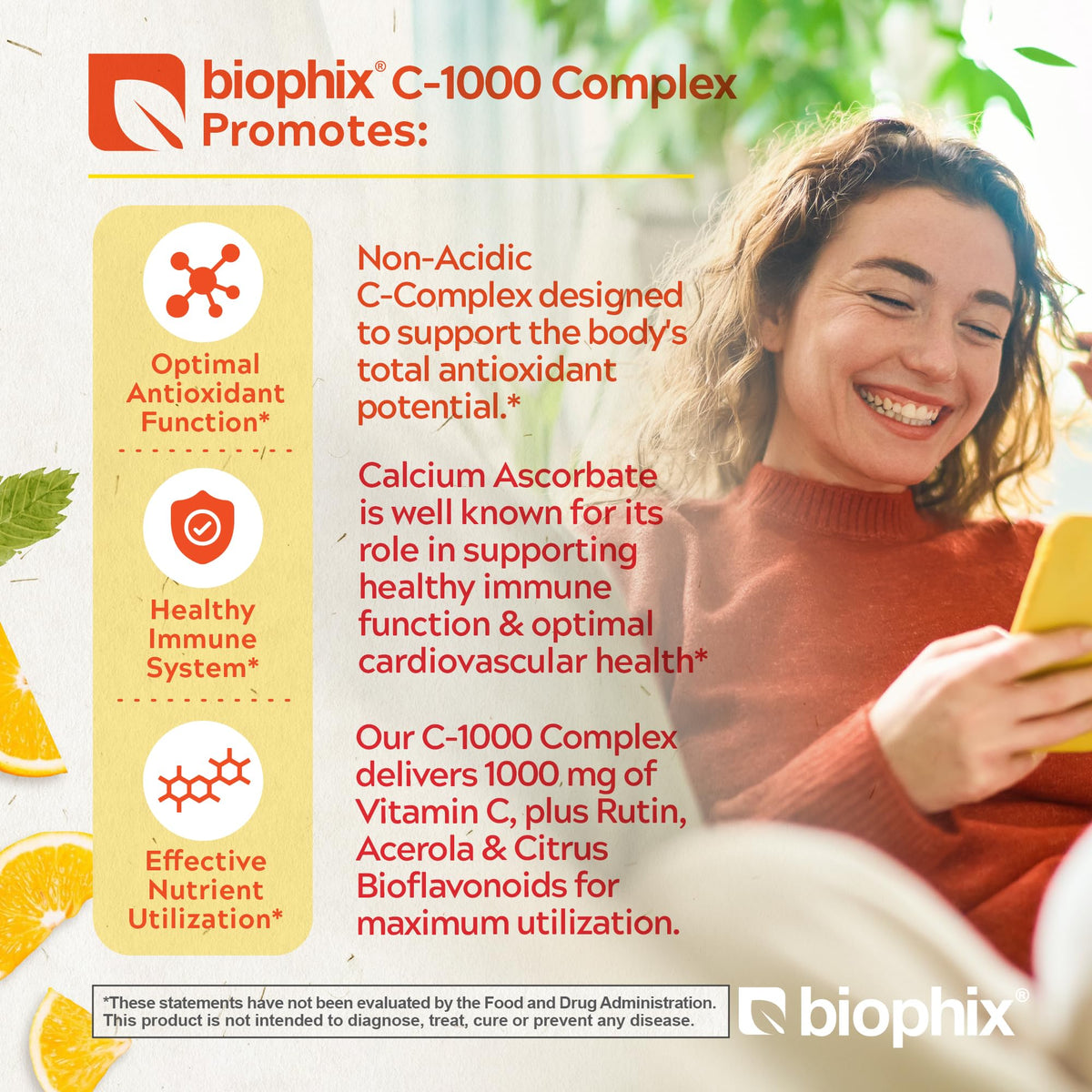 biophix Complex de Vitamine C 1000 mg, comprimés sur une surface blanche