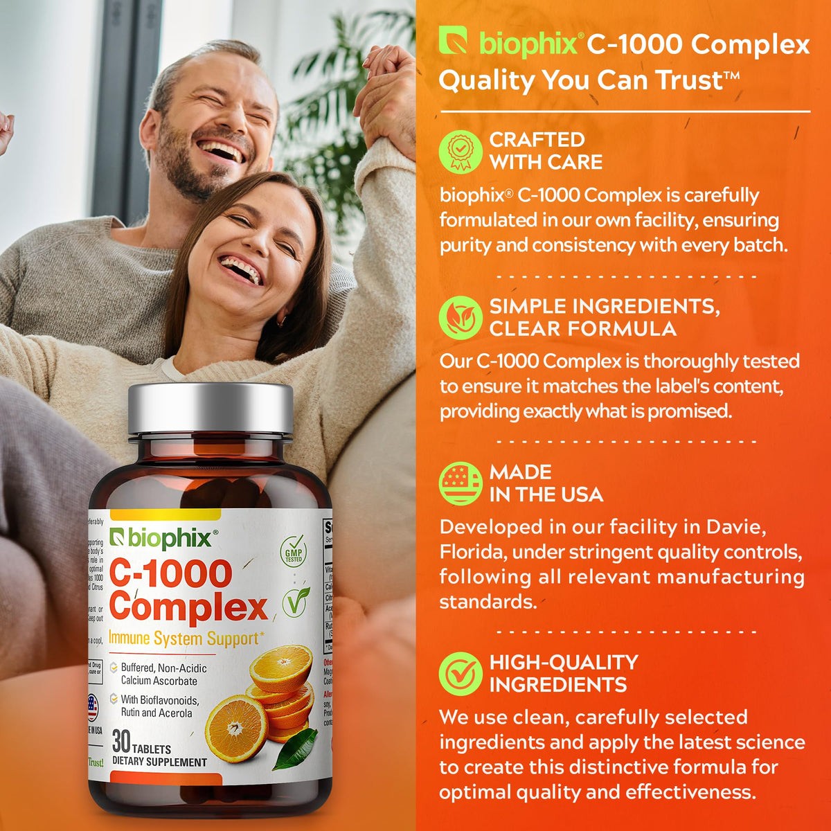 biophix Complex de Vitamine C 1000 mg, gros plan sur les comprimés