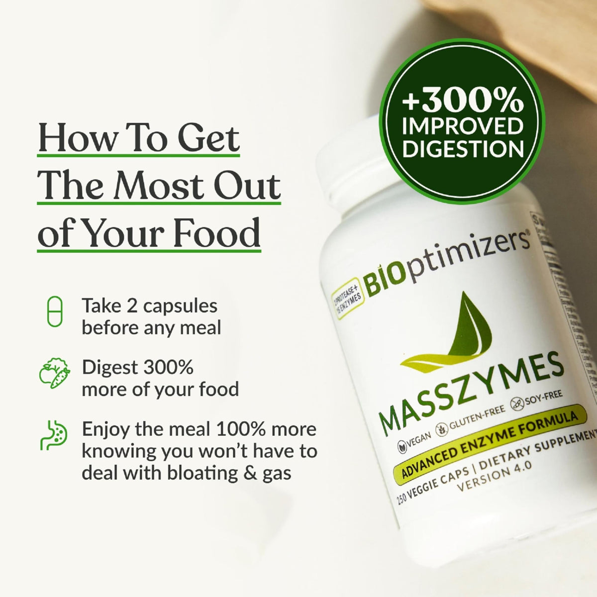 BIOptimizers MassZymes capsules sur une surface en bois