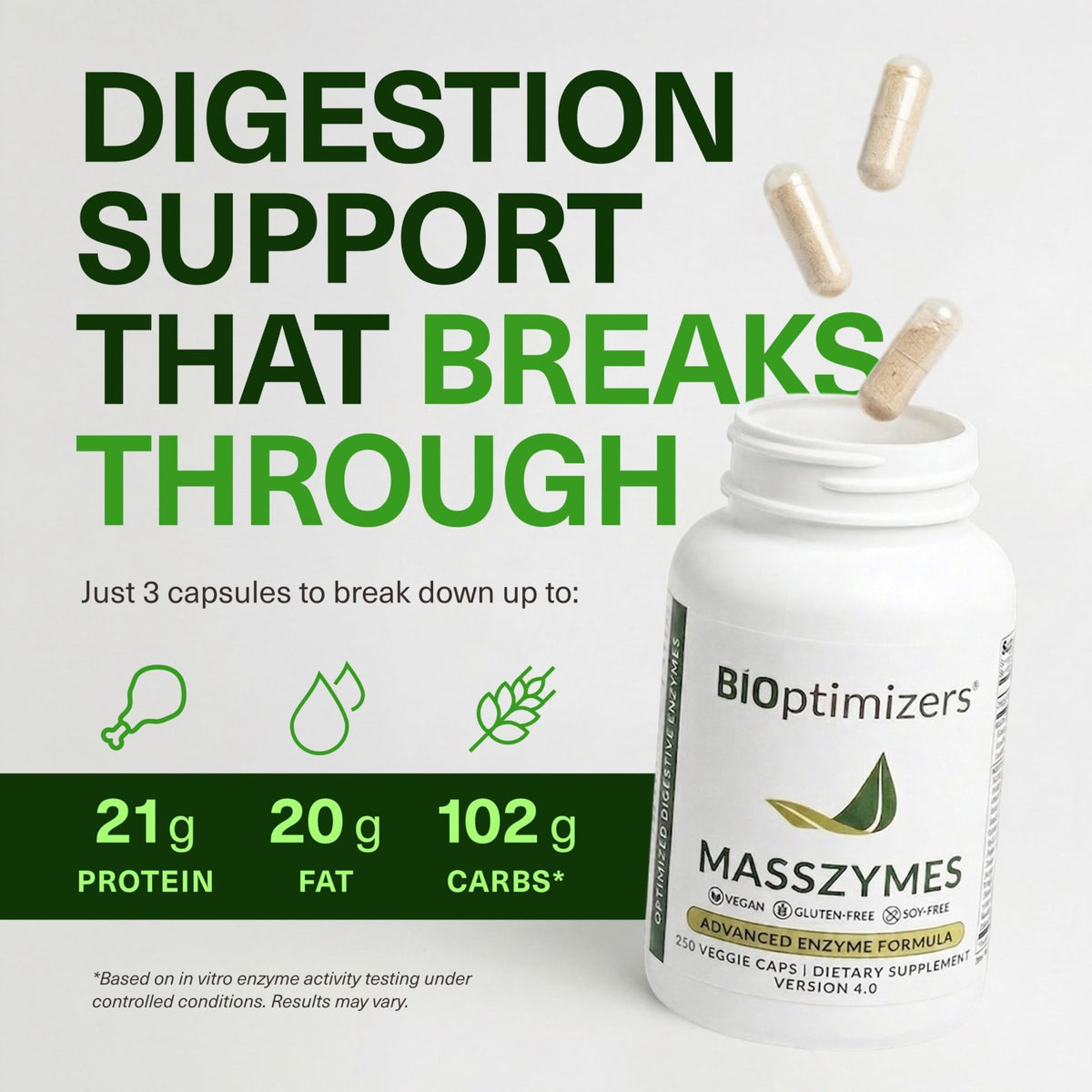 BIOptimizers MassZymes pot de 250 capsules sur fond blanc