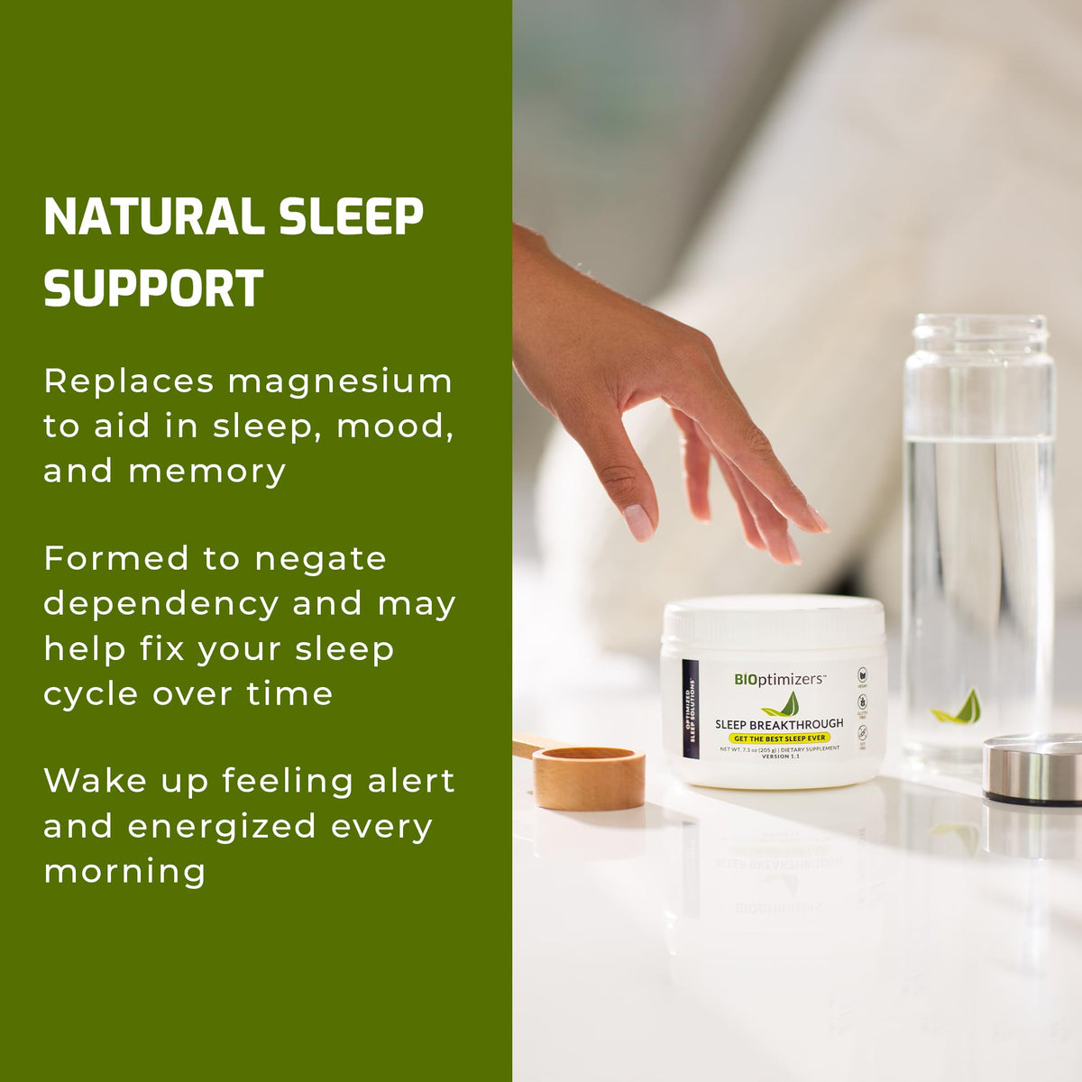 BIOptimizers Sleep Breakthrough 2.0 poudre à côté d'une cuillère doseuse