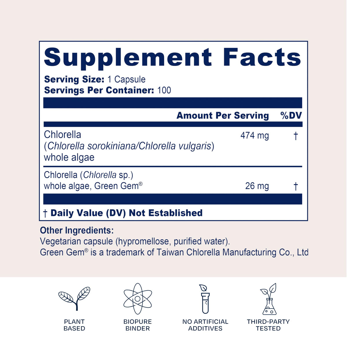 BioPure Chlorella Growth Factor 100g sur une surface en bois