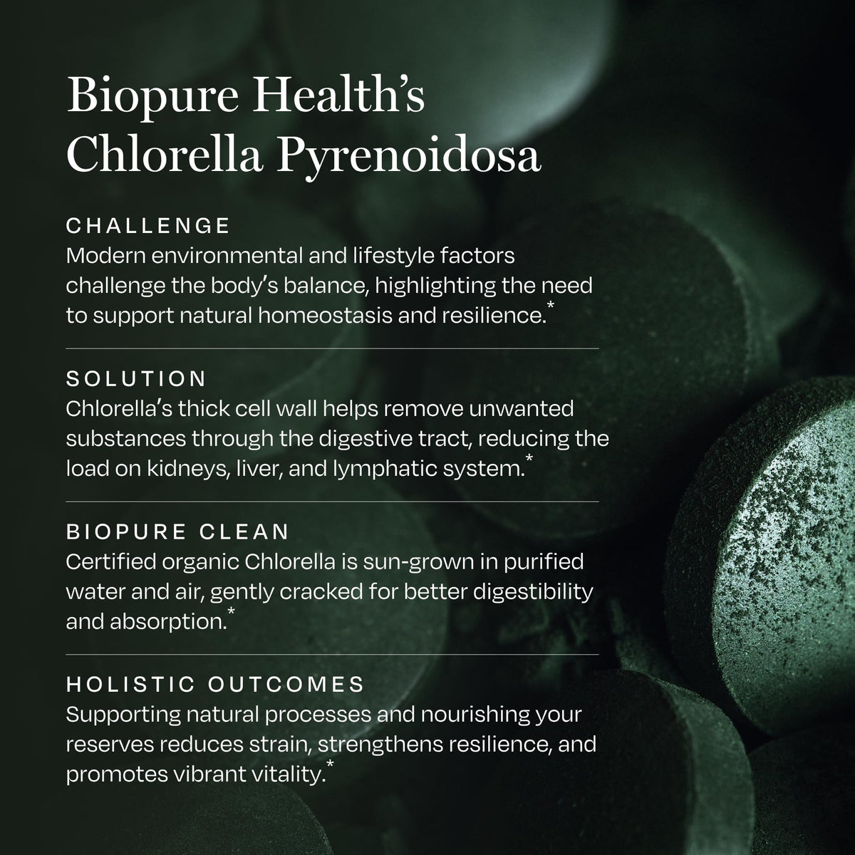 BioPure Chlorella Pyrenoidosa, comprimés dans une cuillère
