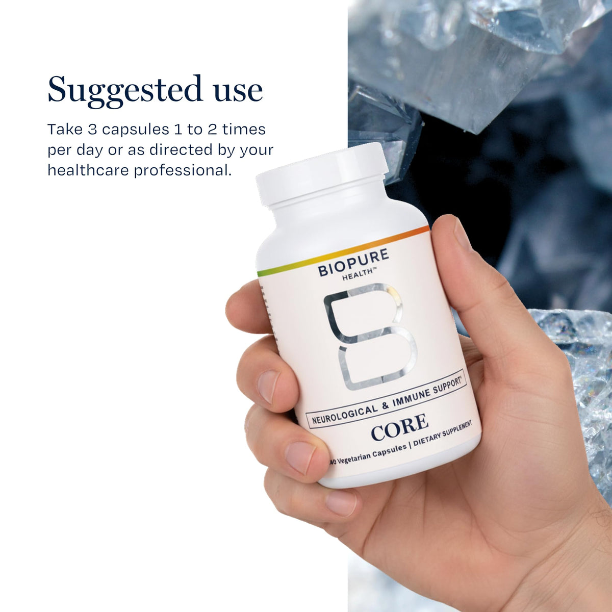 BioPure Core flacon avec capsules sur un fond naturel