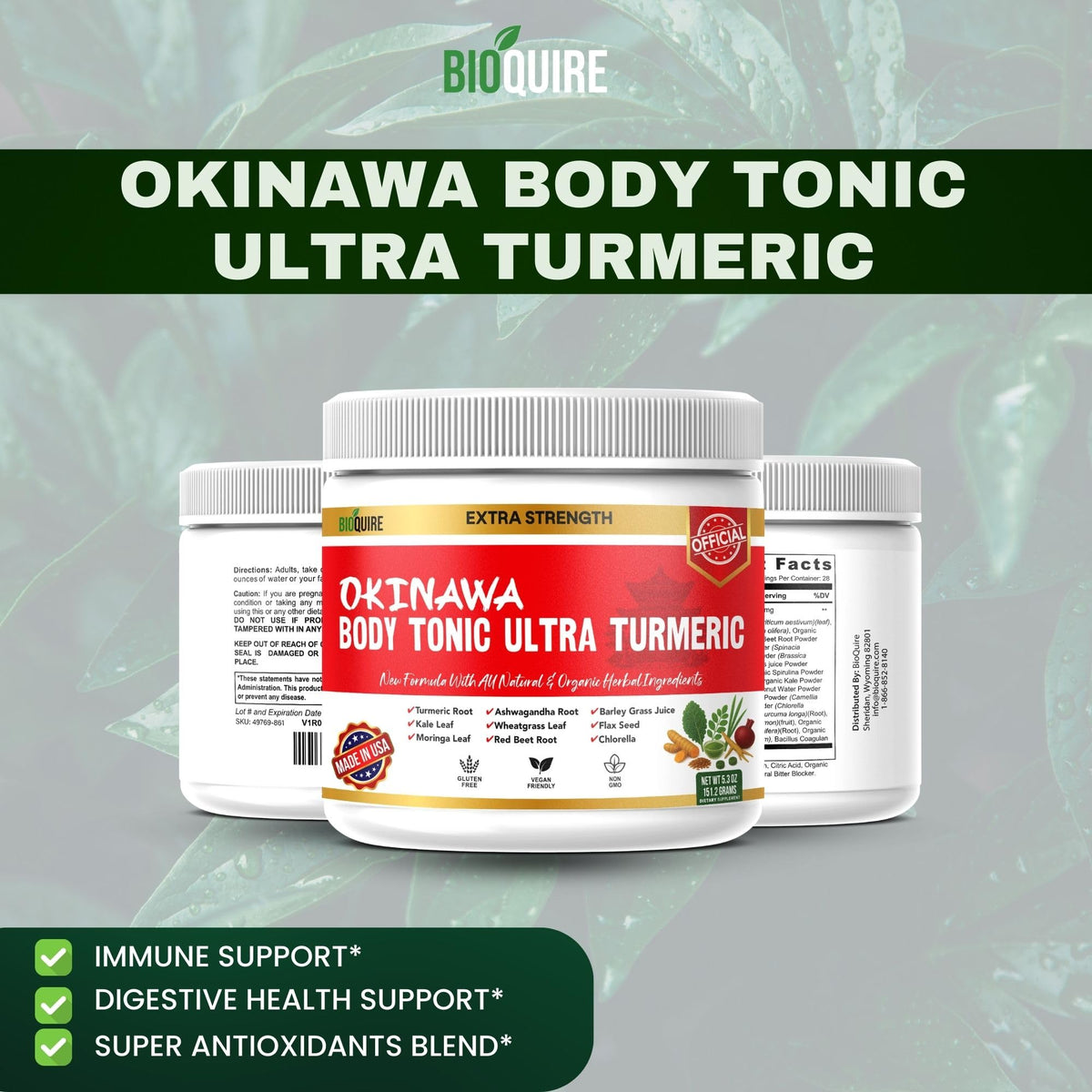 BIOQUIRE Okinawa Body Tonic Ultra Turmeric 150g près d'une tasse de thé