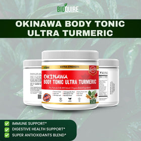BIOQUIRE Okinawa Body Tonic Ultra Turmeric 150g près d'une tasse de thé