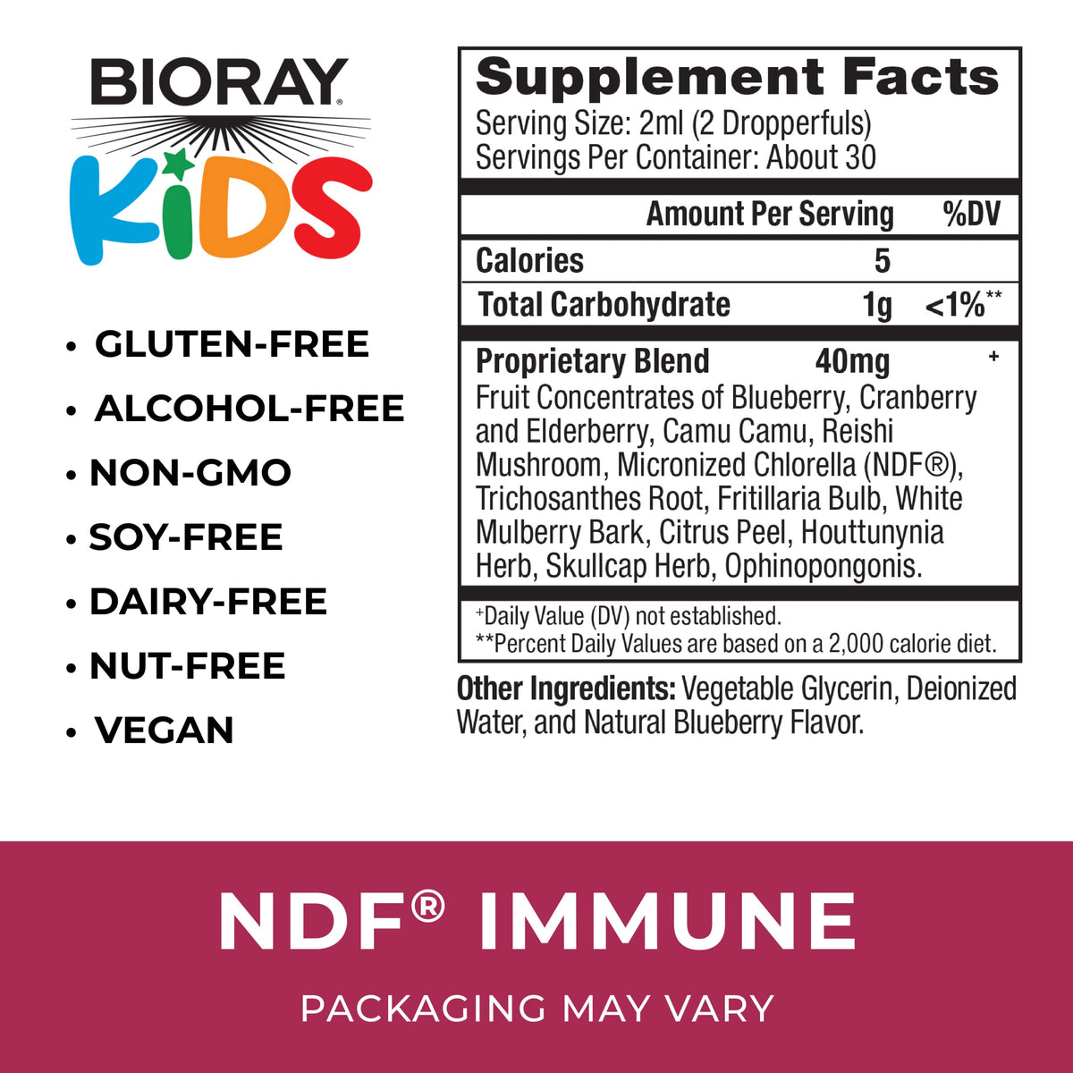 Bioray Kids NDF daily wellness 60 ml étiquette avec ingrédients