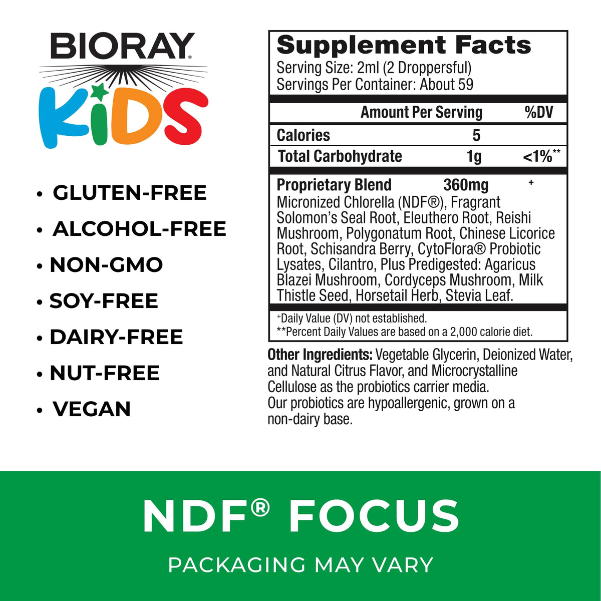 BIORAY Kids NDF Focus étiquette avec ingrédients et dosage