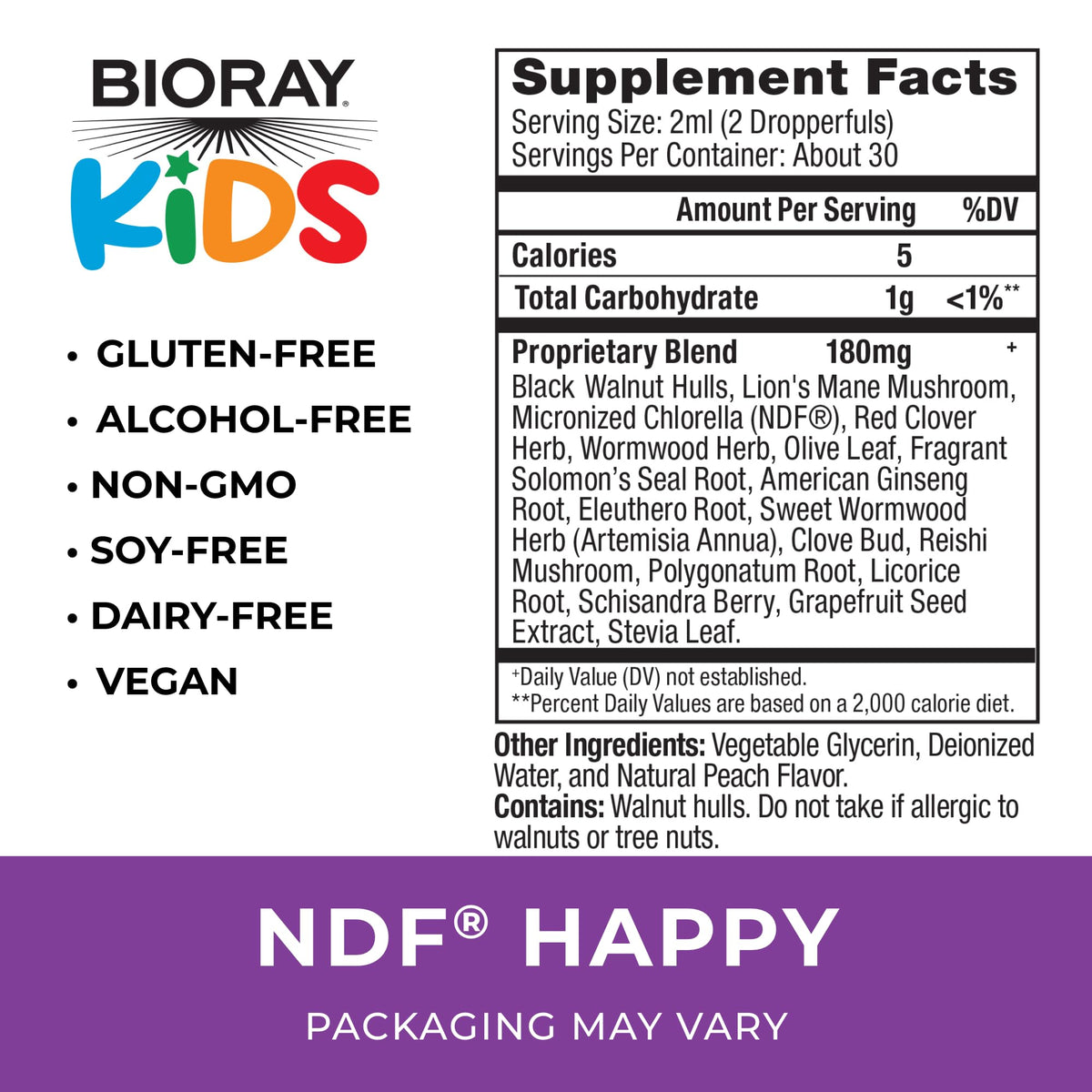 BIORAY Kids NDF Happy étiquette avec ingrédients principaux
