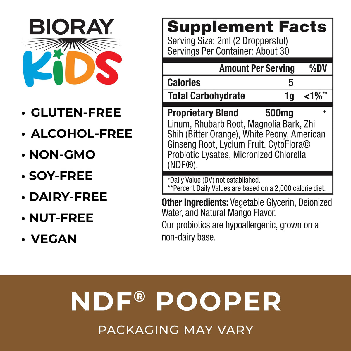 BIORAY Kids NDF Pooper 60ml étiquette avec ingrédients