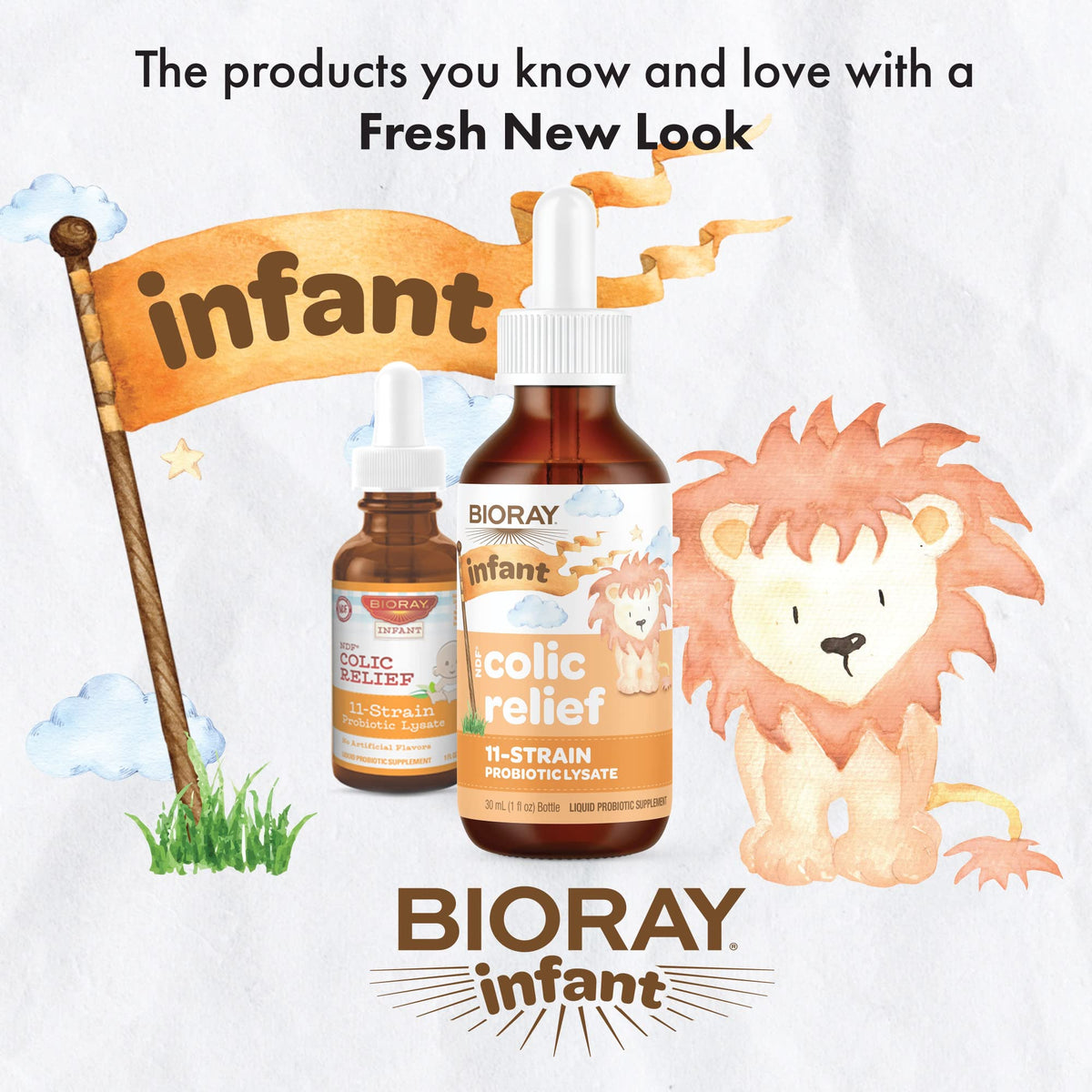 BIORAY NDF Colic Relief bouteille sur une table avec accessoires pour bébé