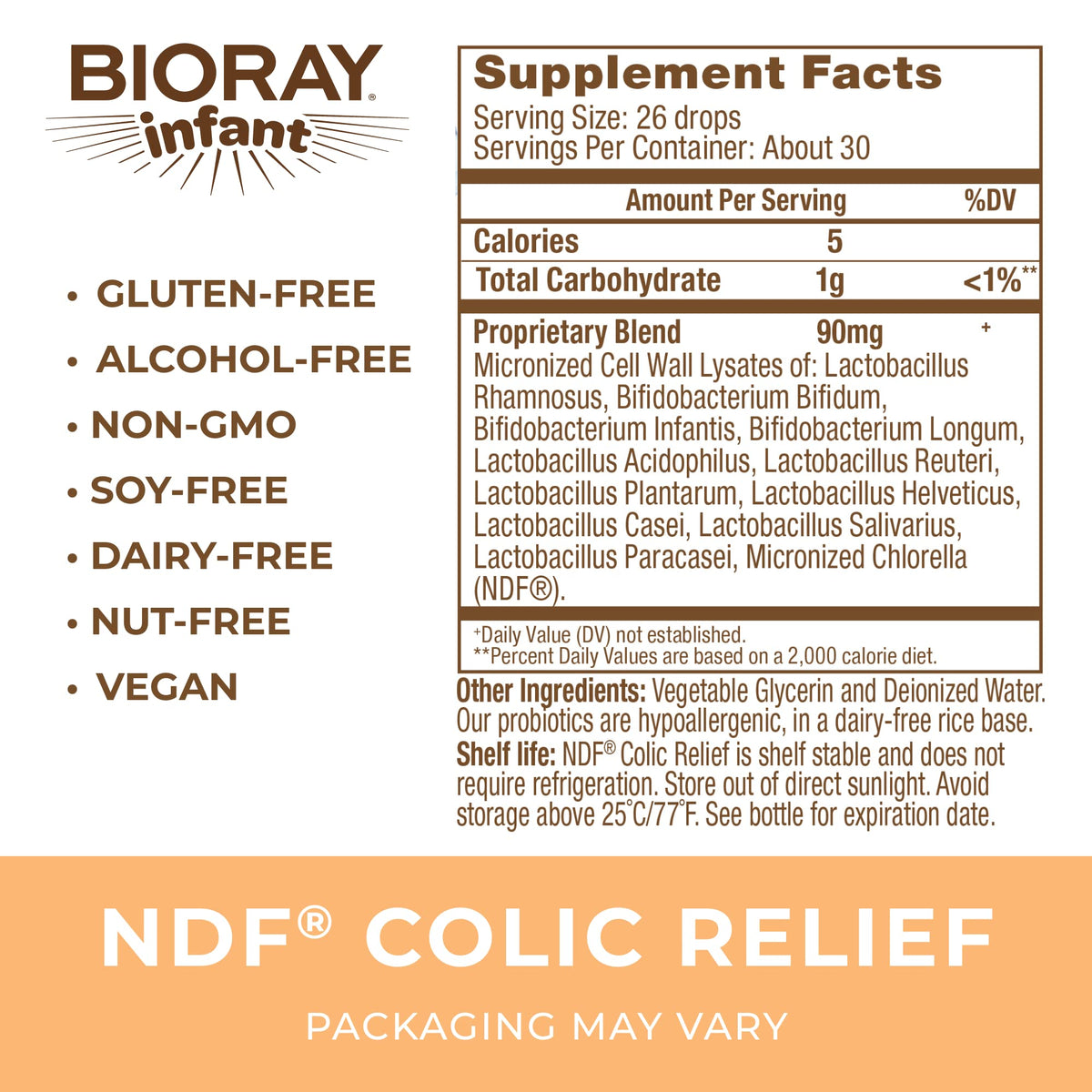BIORAY NDF Colic Relief étiquette avec ingrédients et dosage
