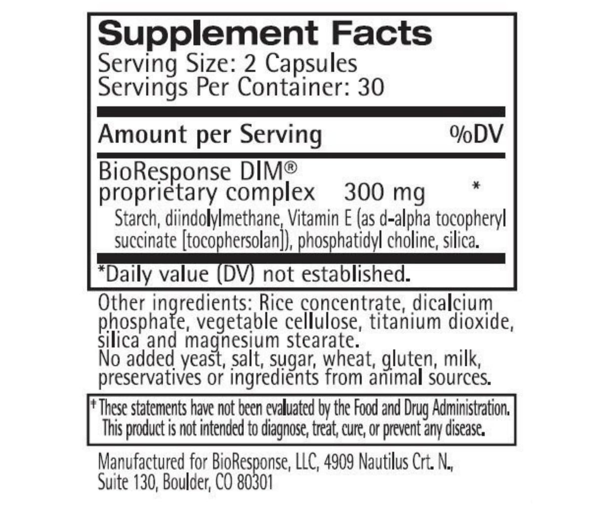 BioResponse DIM 150mg 60 Capsules vue arrière avec informations nutritionnelles