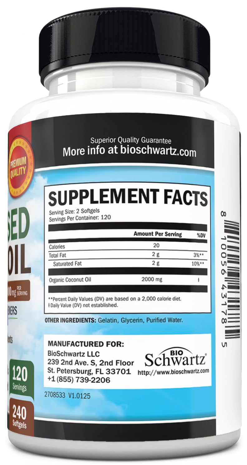 BioSchwartz Capsules d'Huile de Coco Bio 2000mg, capsules avec noix de coco en arrière-plan
