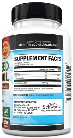 BioSchwartz Capsules d'Huile de Coco Bio 2000mg, capsules avec noix de coco en arrière-plan