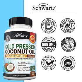 BioSchwartz Capsules d'Huile de Coco Bio 2000mg, étiquette avec informations nutritionnelles