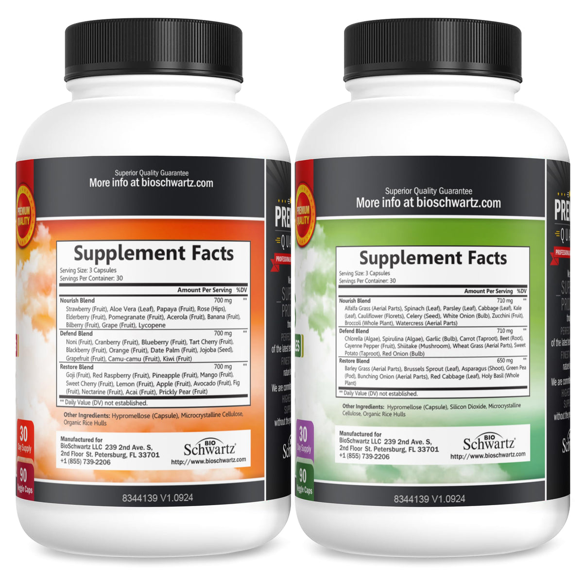 BioSchwartz capsules de fruits et légumes avec des fruits et légumes en arrière-plan