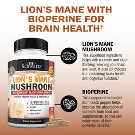 BioSchwartz Champignon Lion's Mane 2100mg, étiquette avec ingrédients