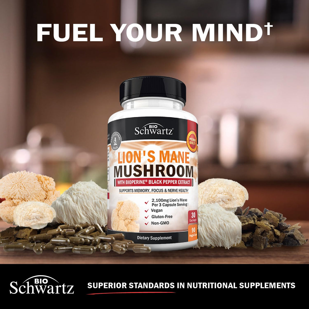 BioSchwartz Complément Alimentaire Champignon Lion's Mane 2100mg, capsules à l'intérieur