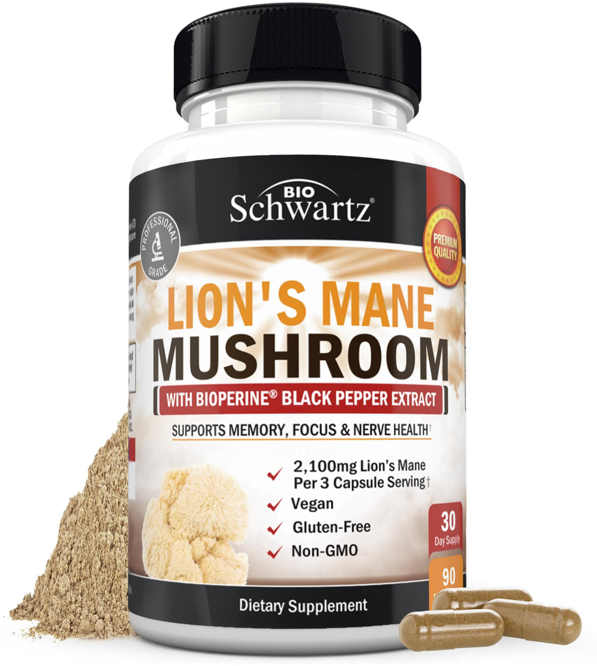 BioSchwartz Complément Alimentaire Champignon Lion's Mane 2100mg, vue avant