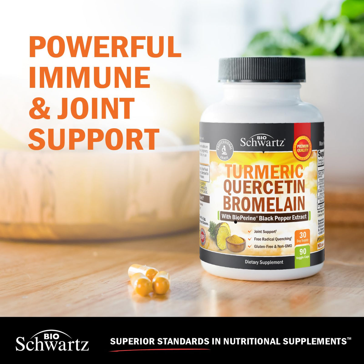 BioSchwartz curcuma quercétine bromélaïne gélules sur une table