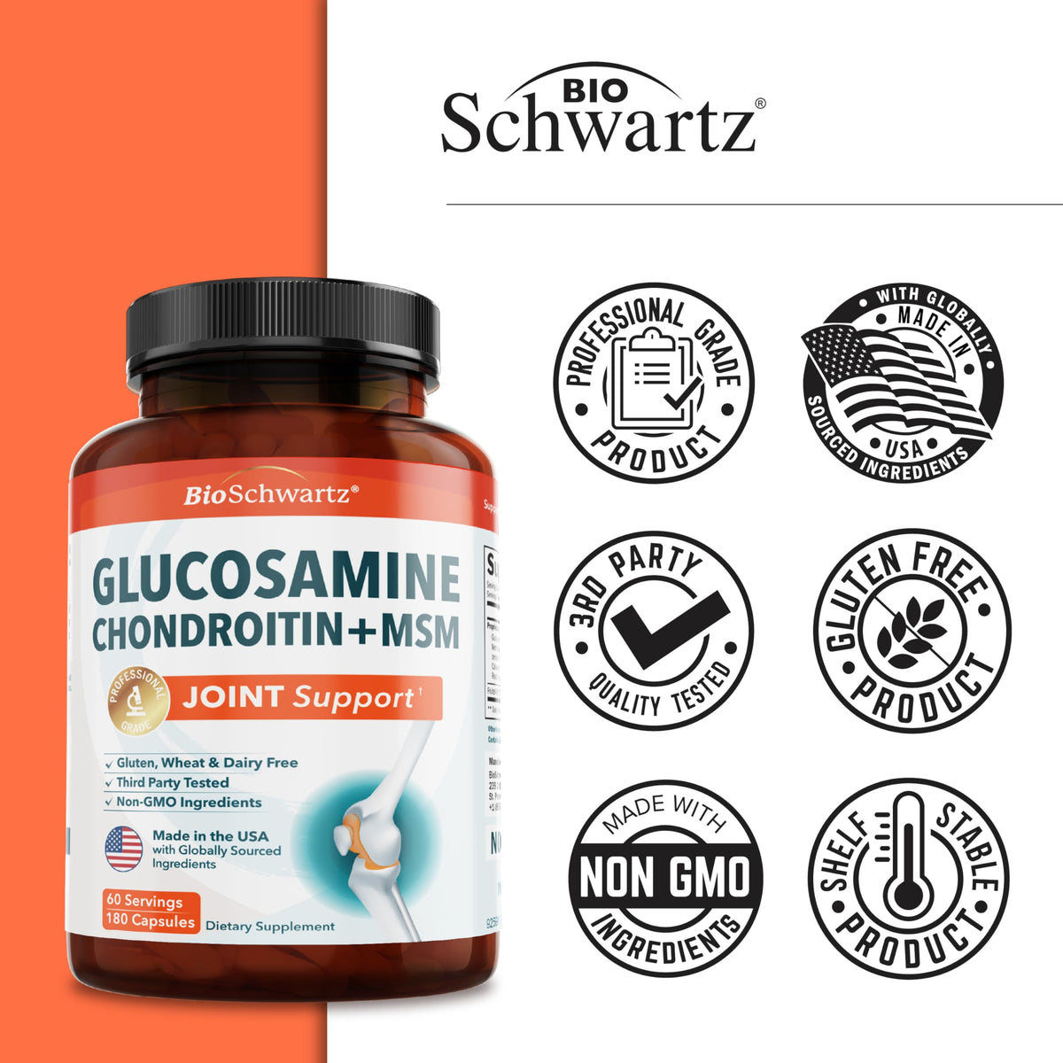 BioSchwartz Glucosamine Chondroïtine 180 capsules sur table