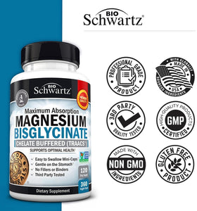 BioSchwartz Magnésium Bisglycinate 360 capsules avec une main tenant le flacon