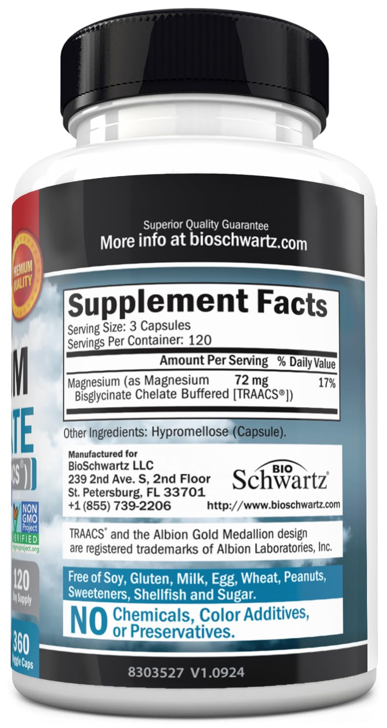 BioSchwartz Magnésium Bisglycinate 360 capsules sur fond blanc