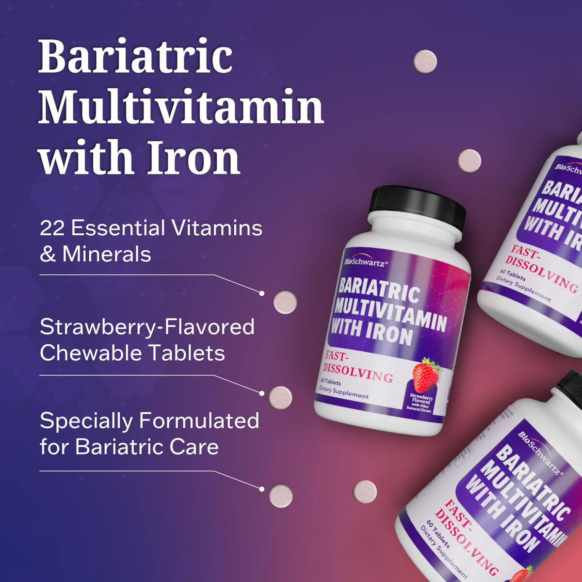 BioSchwartz Multivitamine Bariatrique, bouteille et comprimés à mâcher