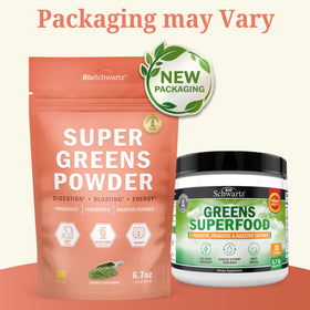 BioSchwartz Poudre de Super Greens 209g avec ingrédients naturels en arrière-plan
