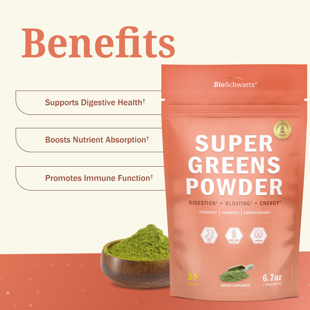 BioSchwartz Poudre de Super Greens 209g sur une table avec fruits et légumes
