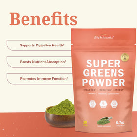 BioSchwartz Poudre de Super Greens 209g sur une table avec fruits et légumes
