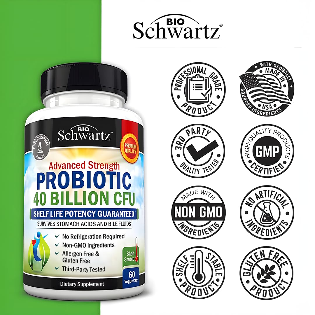BioSchwartz Probiotiques 40 Milliards CFU 60 capsules à côté d'un verre d'eau