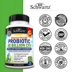 BioSchwartz Probiotiques 40 Milliards CFU 60 capsules à côté d'un verre d'eau