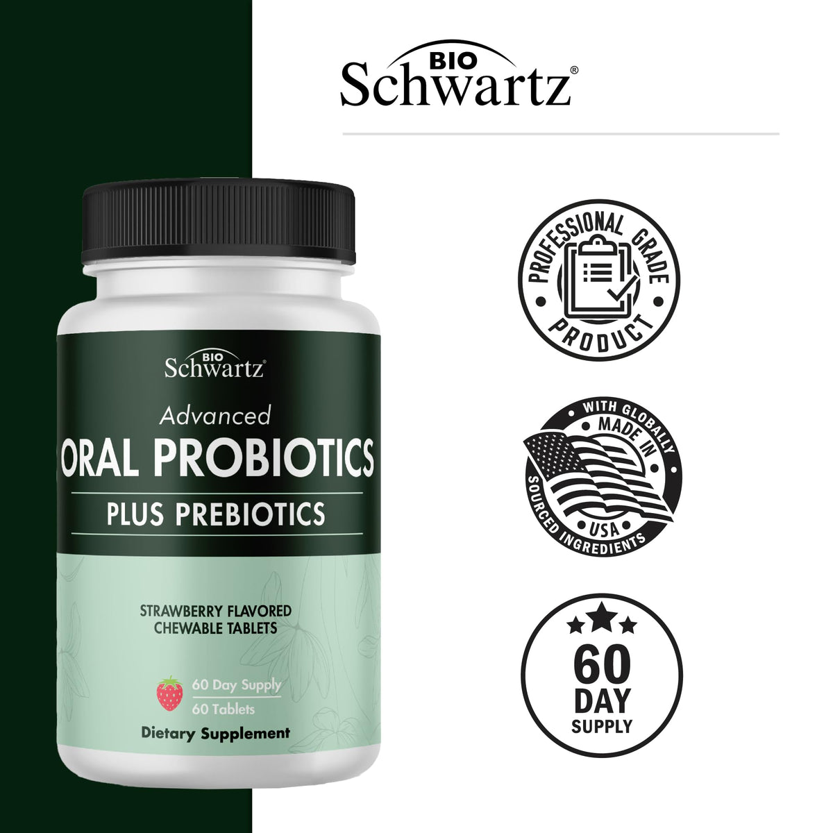 BioSchwartz Probiotiques Orale Fraise 60 Comprimés - Présentation sur une table