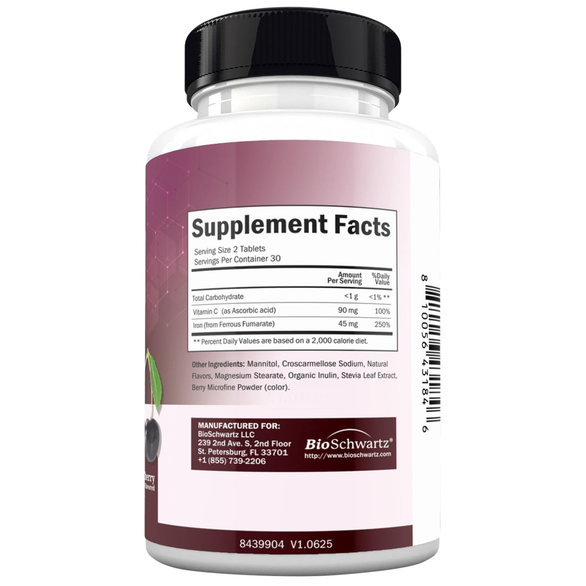 BioSchwartz Vitamine C avec Fer 45mg comprimés à mâcher sur fond blanc