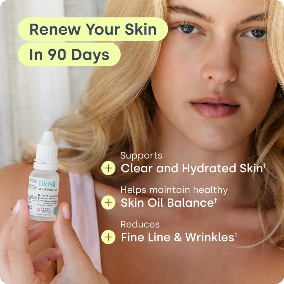 Biosil Elixir Skin Renew 15 ml gouttes près d'un verre d'eau
