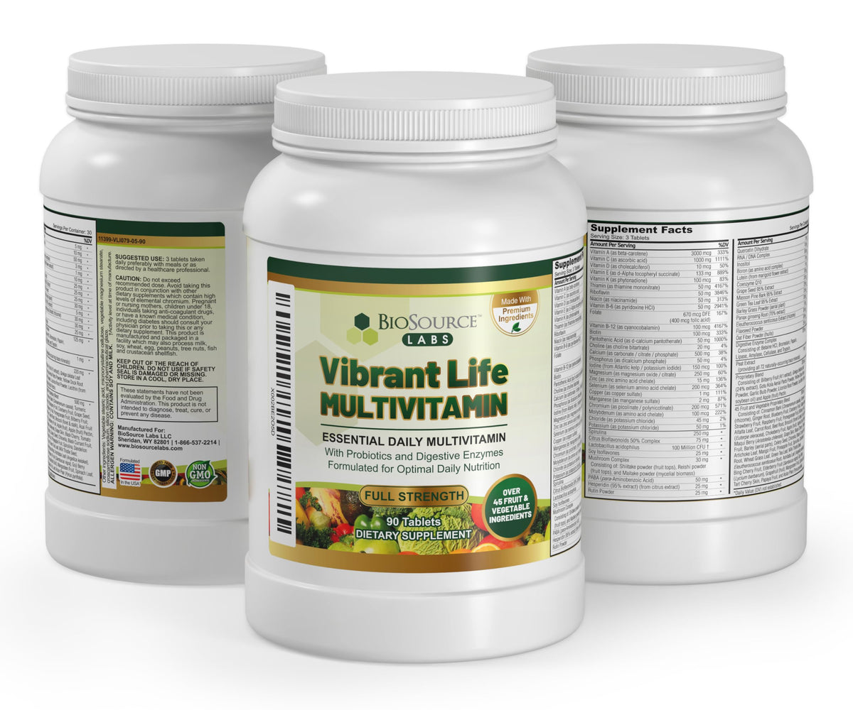 BioSource Labs Multivitamines avec Probiotiques 30 Jours, présentation sur un fond neutre