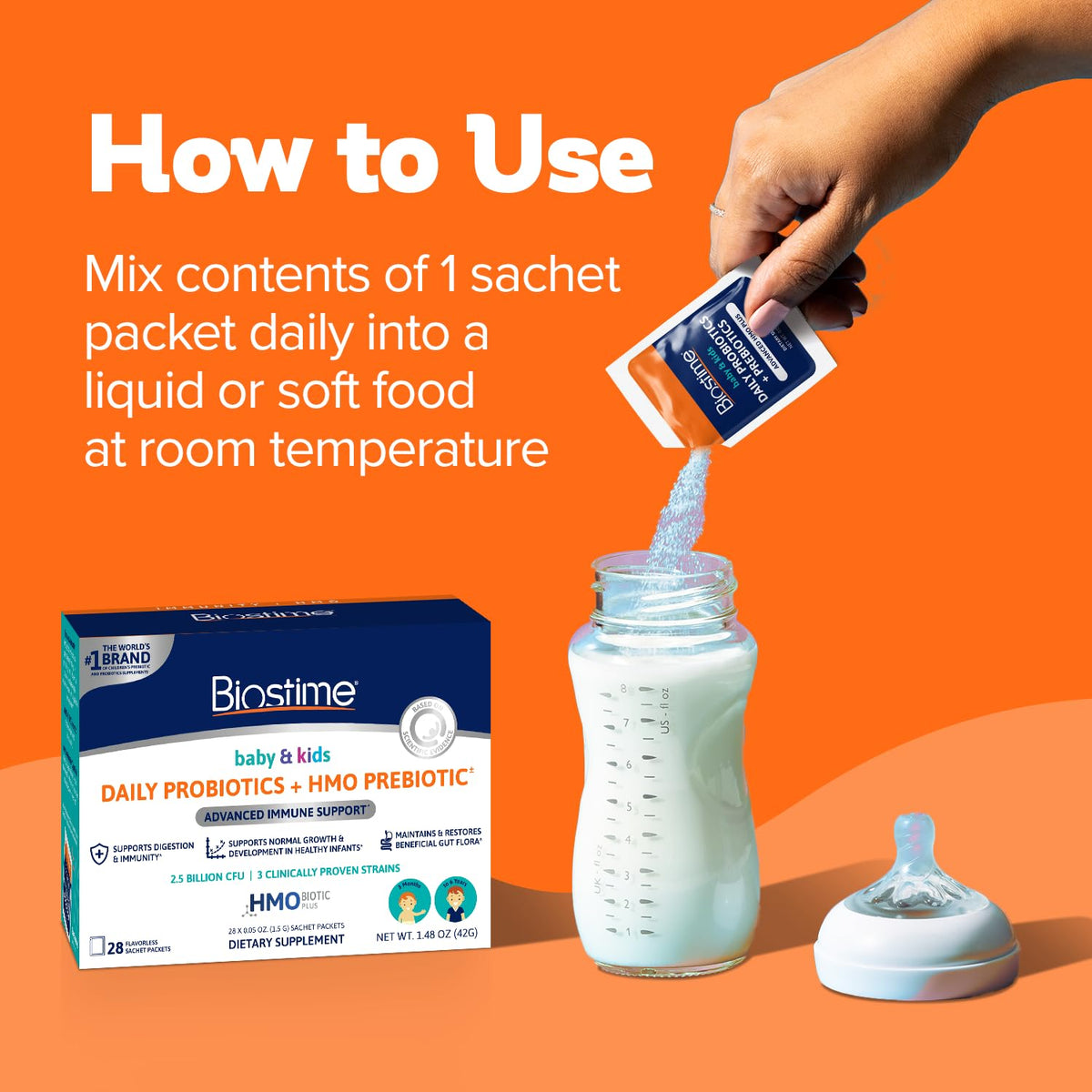 Biostime Probiotique en Poudre sur une table avec des aliments