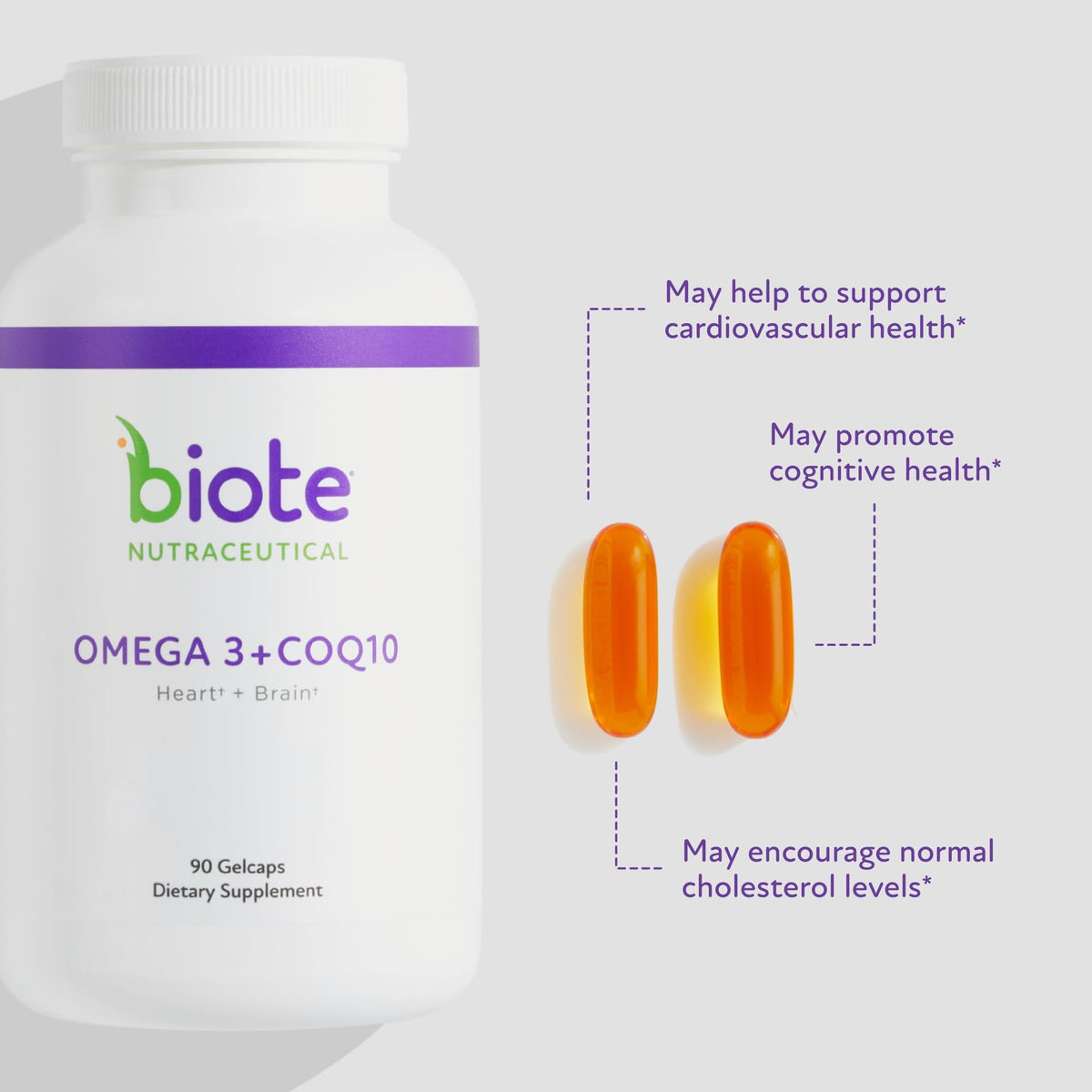 Biote Omega 3 + CoQ10 gélules sur fond blanc
